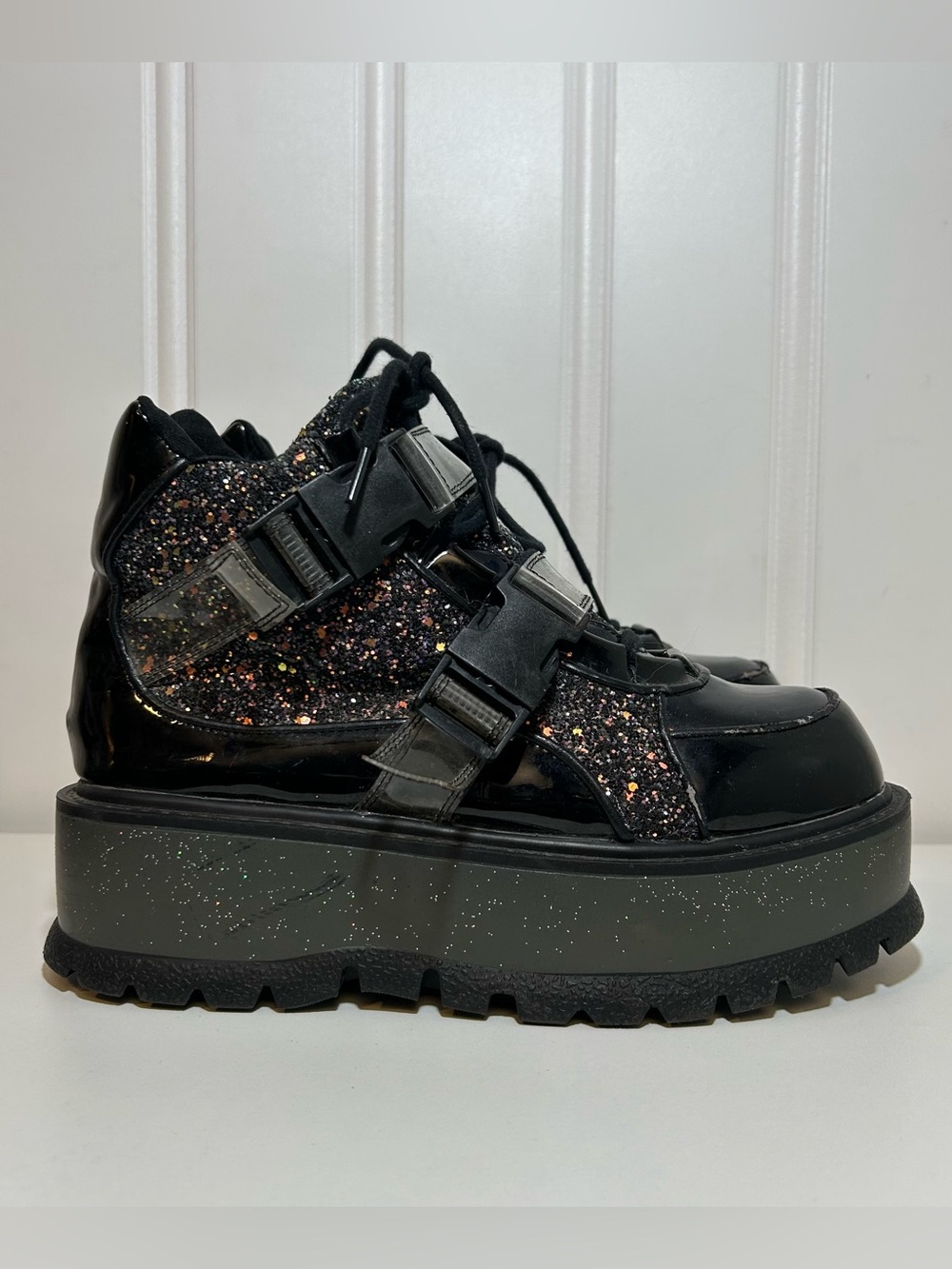 Demonia slacker glitter platform lift clear buckle lift lace boots